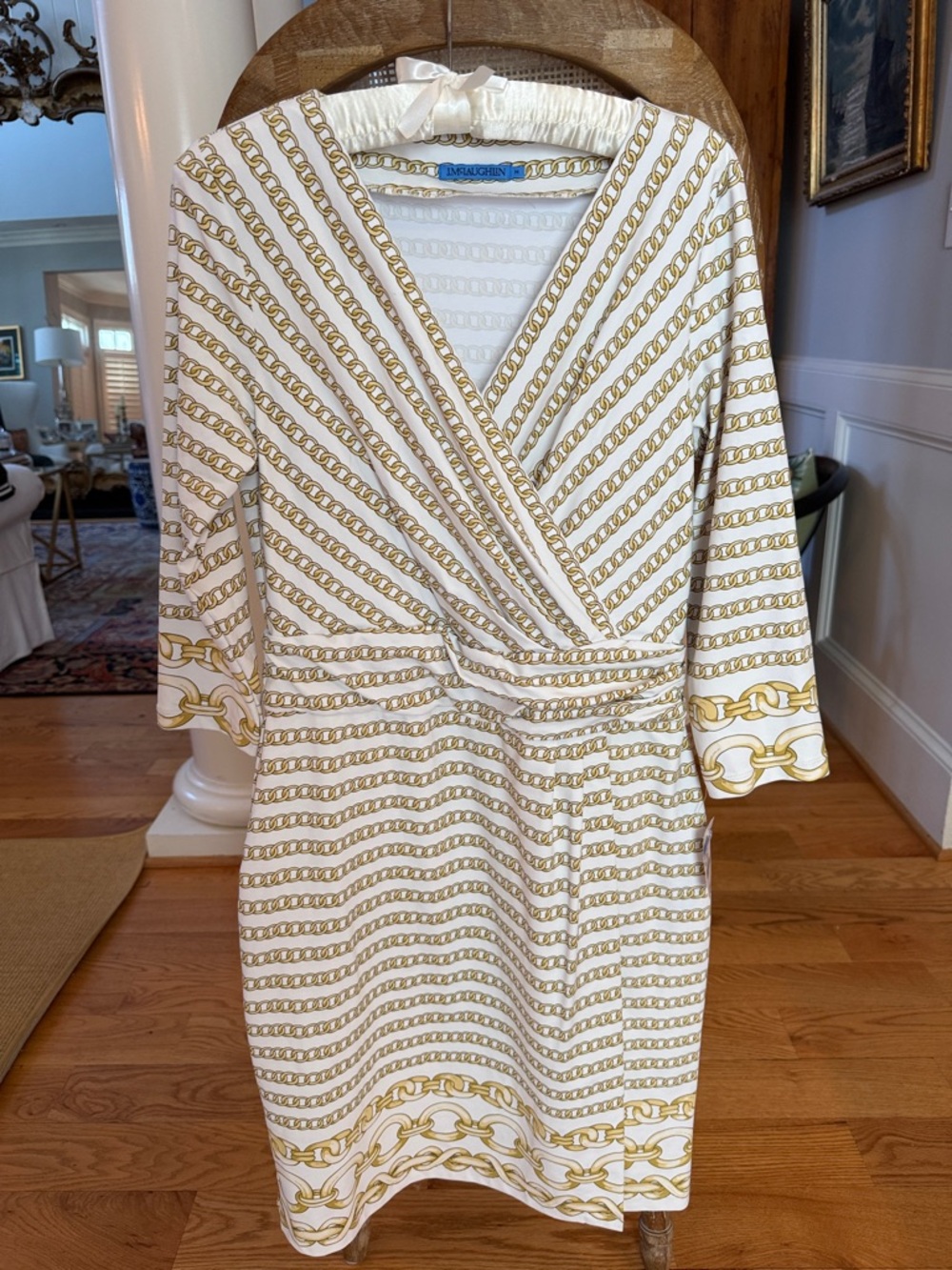J.McLaughlin White and Gold Chain-Print Wrap Midi Dress reminiscent of Gucci NWT